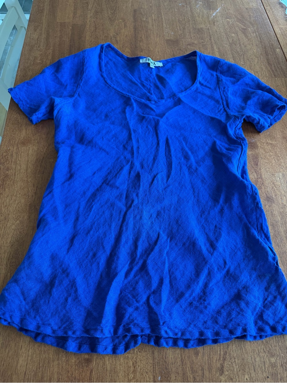 Flax Royal Blue Short-Sleeve V-Neck Top Linen